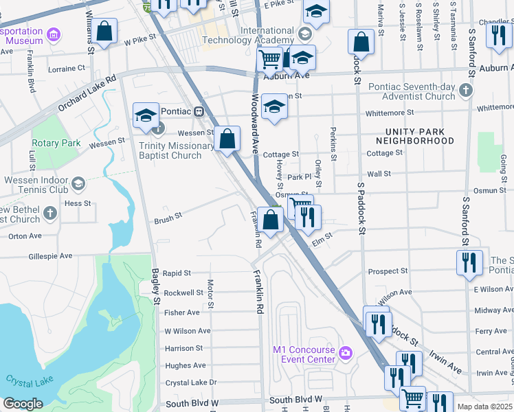 map of restaurants, bars, coffee shops, grocery stores, and more near 107 Franklin Road in Pontiac