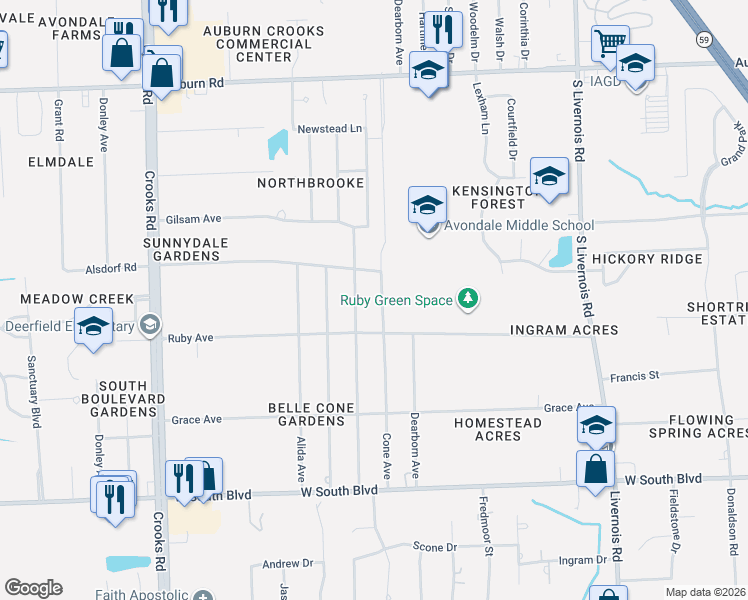 map of restaurants, bars, coffee shops, grocery stores, and more near 3537 Mildred Avenue in Rochester Hills