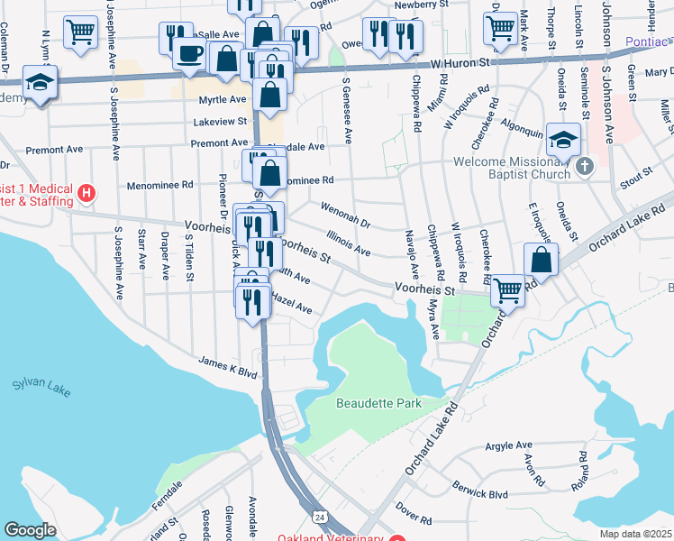 map of restaurants, bars, coffee shops, grocery stores, and more near 315 Voorheis Street in Pontiac