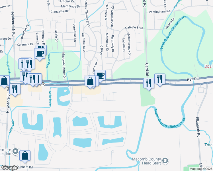 map of restaurants, bars, coffee shops, grocery stores, and more near 21452-21540 Hall Road in Macomb
