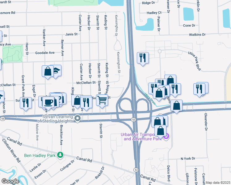 map of restaurants, bars, coffee shops, grocery stores, and more near 45280 Village Square in Utica