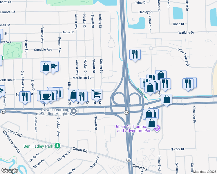 map of restaurants, bars, coffee shops, grocery stores, and more near 45280 Village Square in Utica