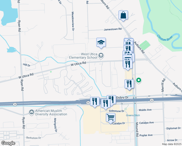 map of restaurants, bars, coffee shops, grocery stores, and more near 45283 Universal Court in Macomb County