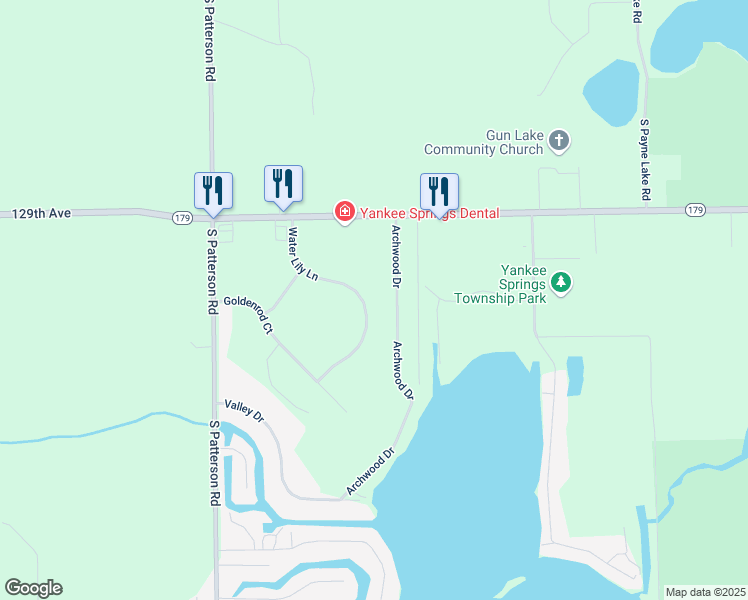 map of restaurants, bars, coffee shops, grocery stores, and more near 1715 Water Lily Lane in Wayland