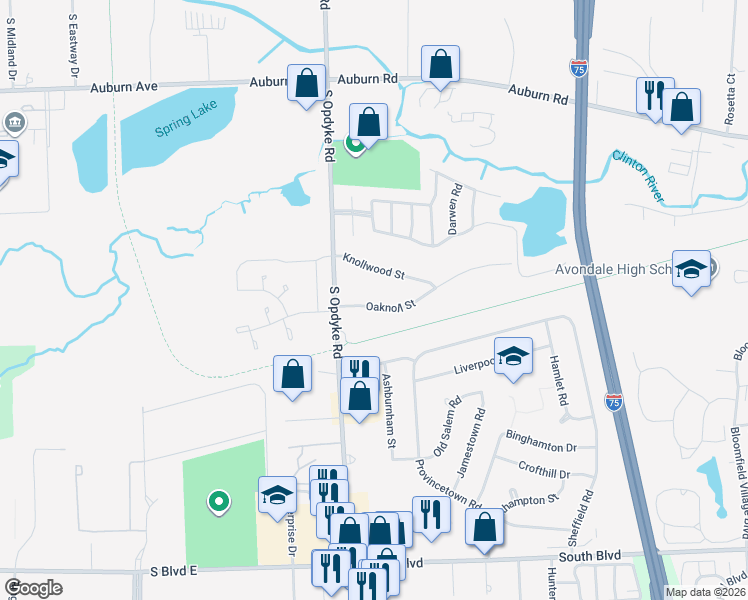map of restaurants, bars, coffee shops, grocery stores, and more near 2097 Oaknoll Street in Auburn Hills
