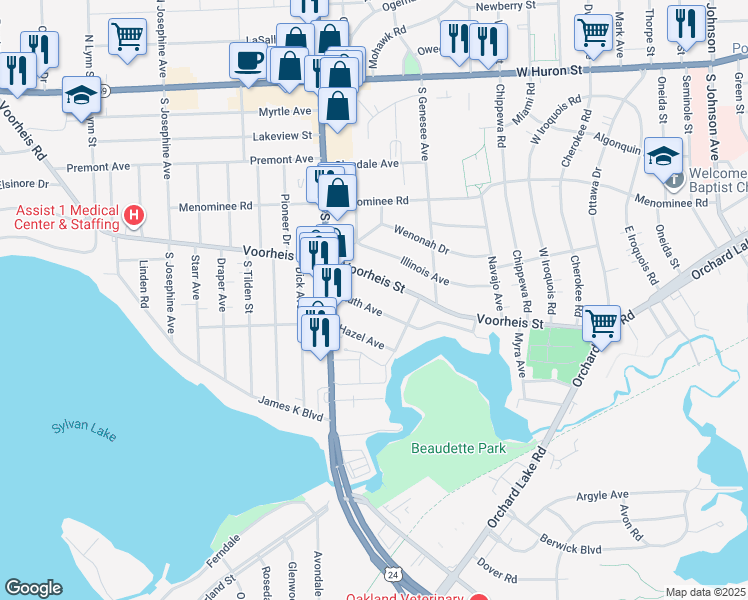 map of restaurants, bars, coffee shops, grocery stores, and more near 126 Ruth Avenue in Pontiac
