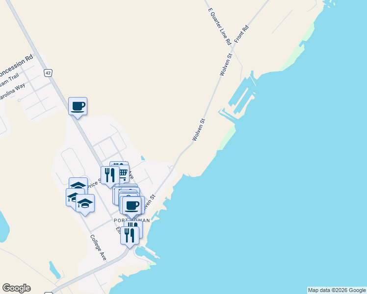 map of restaurants, bars, coffee shops, grocery stores, and more near 115 Wolven Street in Port Rowan