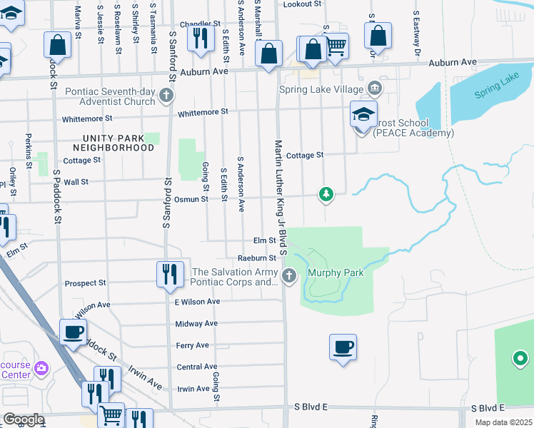 map of restaurants, bars, coffee shops, grocery stores, and more near 355 South Marshall Street in Pontiac