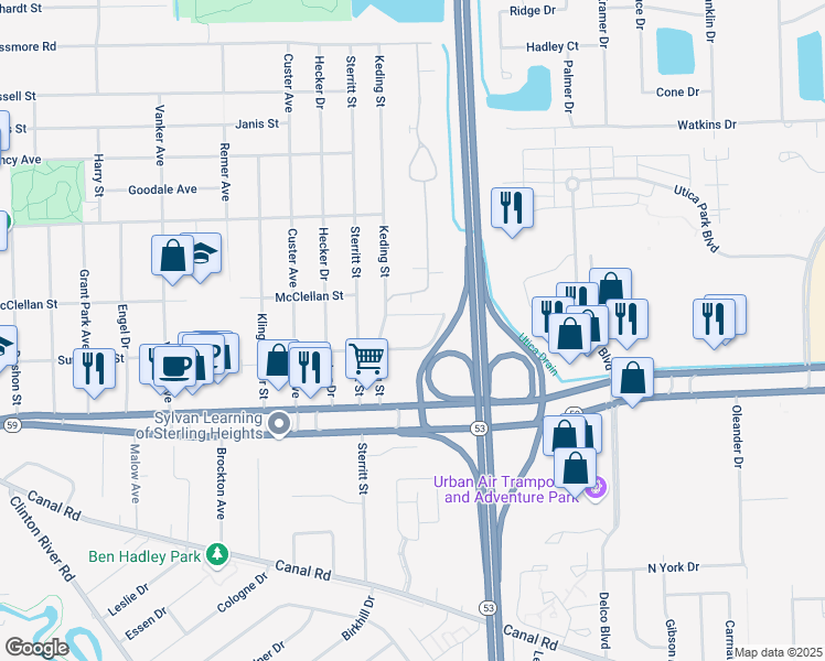 map of restaurants, bars, coffee shops, grocery stores, and more near 45280 Village Square in Utica