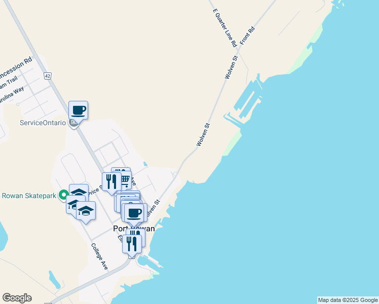 map of restaurants, bars, coffee shops, grocery stores, and more near 71 Wolven Street in Port Rowan