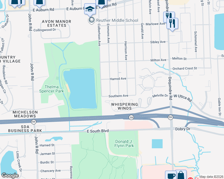 map of restaurants, bars, coffee shops, grocery stores, and more near 3595 Emmons Avenue in Rochester Hills