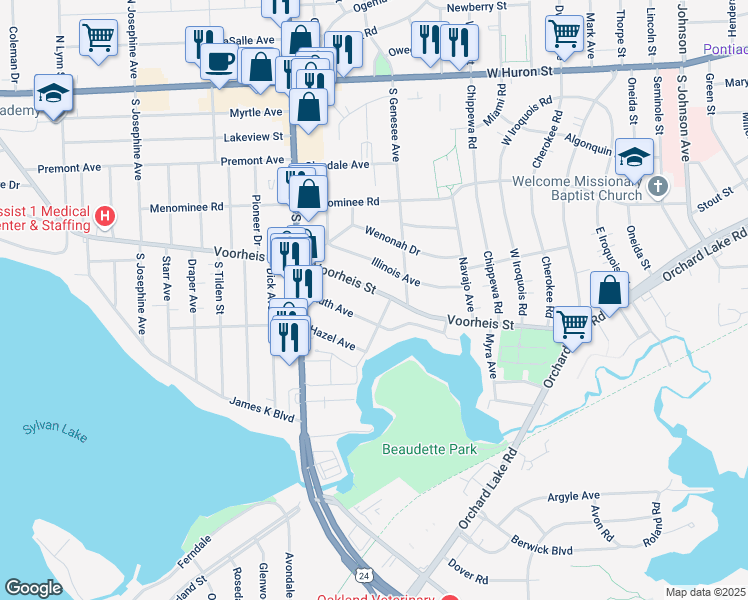 map of restaurants, bars, coffee shops, grocery stores, and more near 331 Voorheis Street in Pontiac