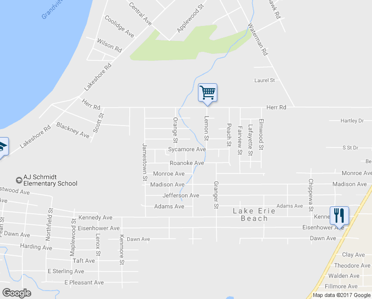 map of restaurants, bars, coffee shops, grocery stores, and more near Sycamore Avenue in Lake Erie Beach