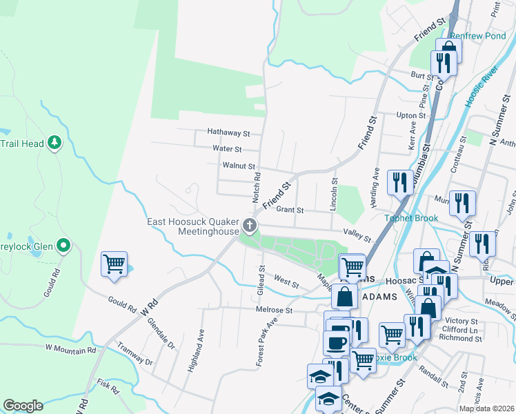 map of restaurants, bars, coffee shops, grocery stores, and more near 15 Notch Road in Adams