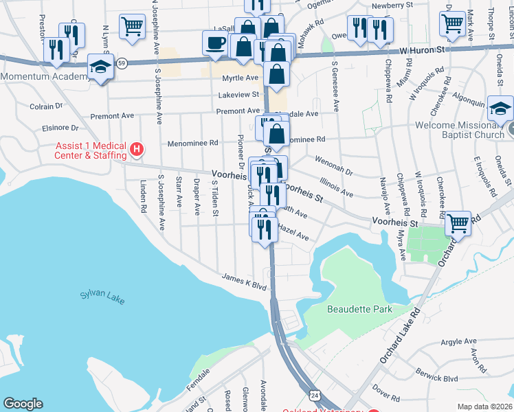 map of restaurants, bars, coffee shops, grocery stores, and more near 231 Dick Avenue in Pontiac