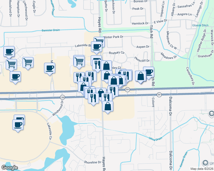 map of restaurants, bars, coffee shops, grocery stores, and more near 13505 North Haggerty Road in Plymouth