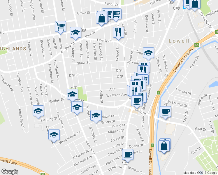 map of restaurants, bars, coffee shops, grocery stores, and more near 115 A Street in Lowell
