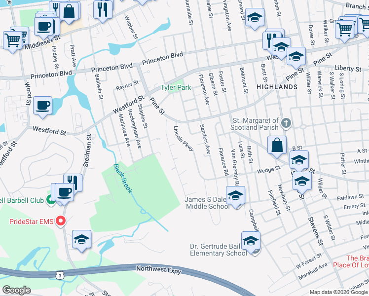 map of restaurants, bars, coffee shops, grocery stores, and more near 71 Lincoln Parkway in Lowell