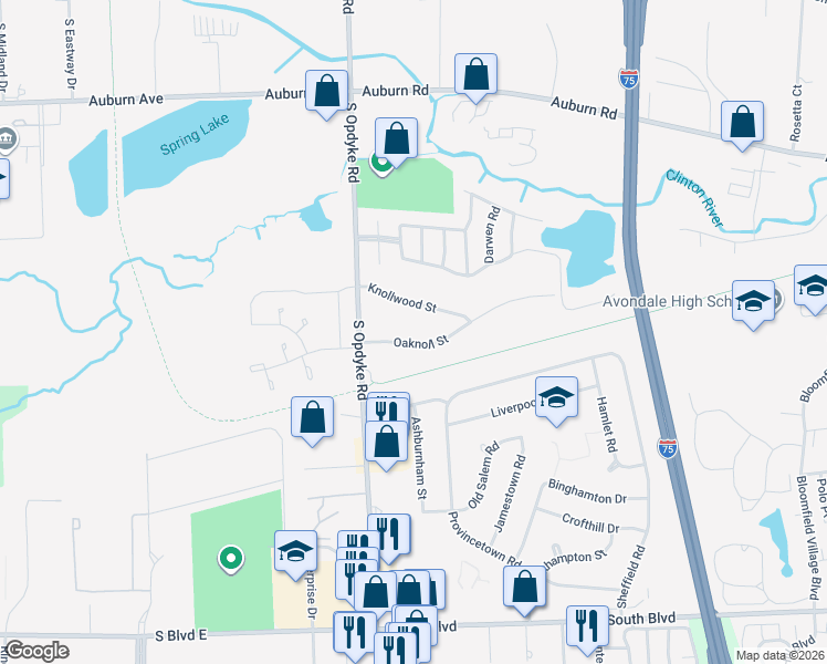 map of restaurants, bars, coffee shops, grocery stores, and more near 2097 Oaknoll Street in Auburn Hills