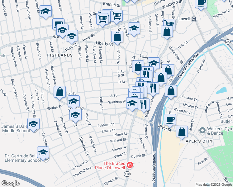 map of restaurants, bars, coffee shops, grocery stores, and more near 75 A Street in Lowell