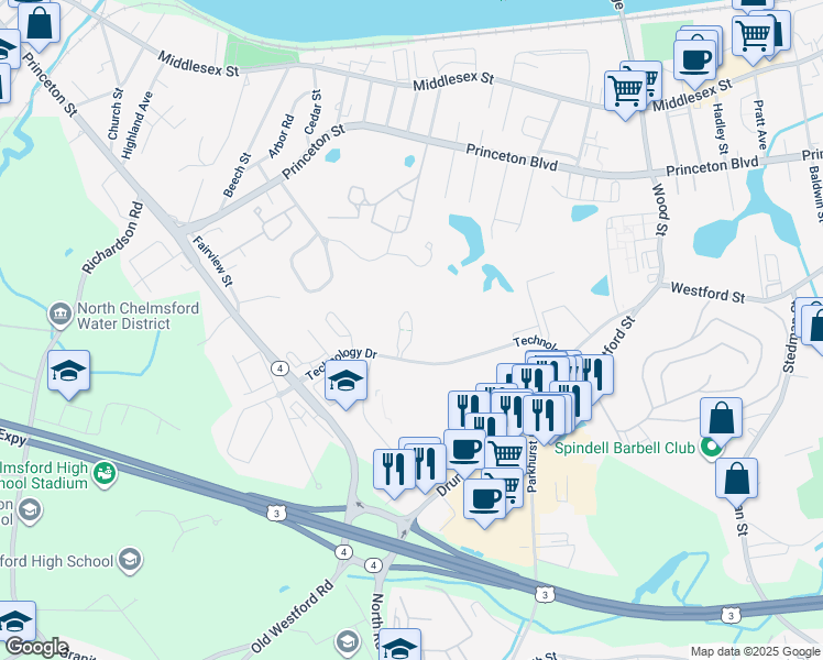map of restaurants, bars, coffee shops, grocery stores, and more near 6 Technology Drive in Chelmsford