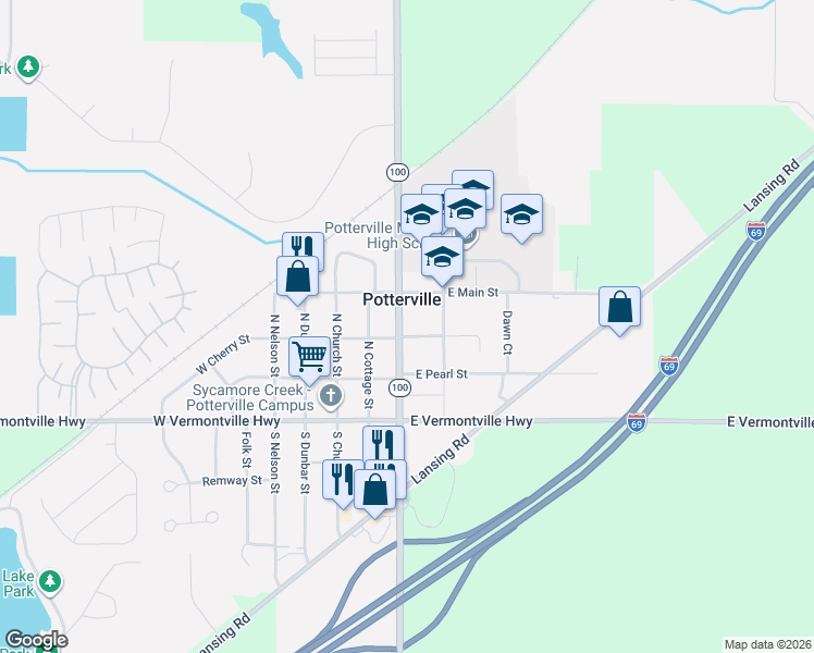 map of restaurants, bars, coffee shops, grocery stores, and more near 329 East Cherry Street in Potterville