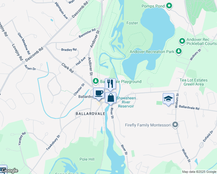 map of restaurants, bars, coffee shops, grocery stores, and more near 22R Dale Street in Andover