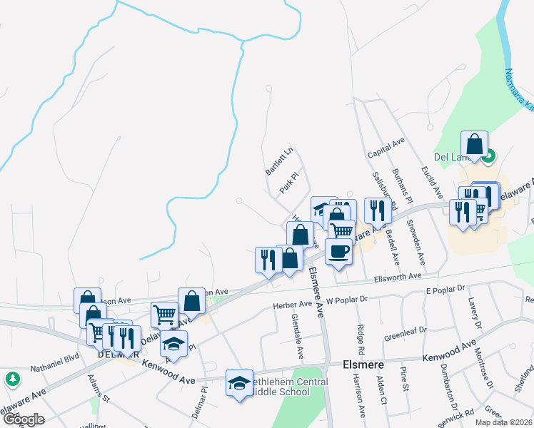 map of restaurants, bars, coffee shops, grocery stores, and more near 23 Groesbeck Pl in Delmar