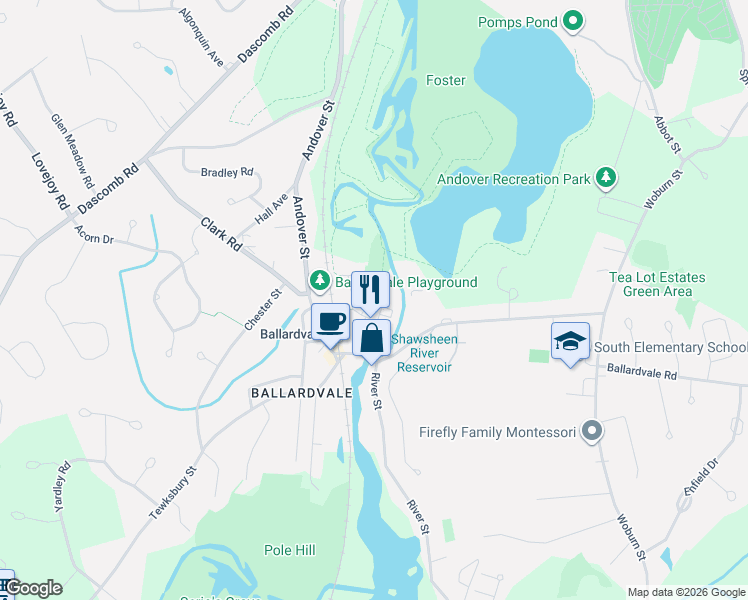 map of restaurants, bars, coffee shops, grocery stores, and more near 22 Dale Street in Andover