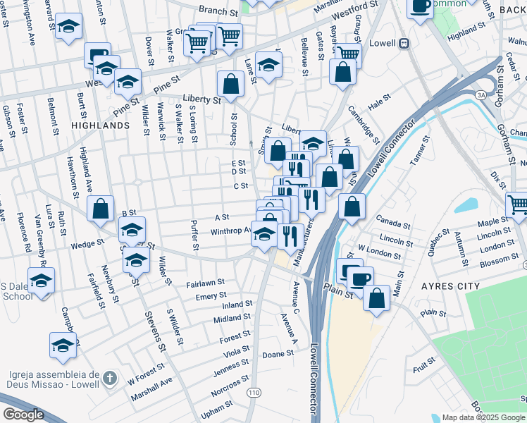 map of restaurants, bars, coffee shops, grocery stores, and more near 162 Powell Street in Lowell