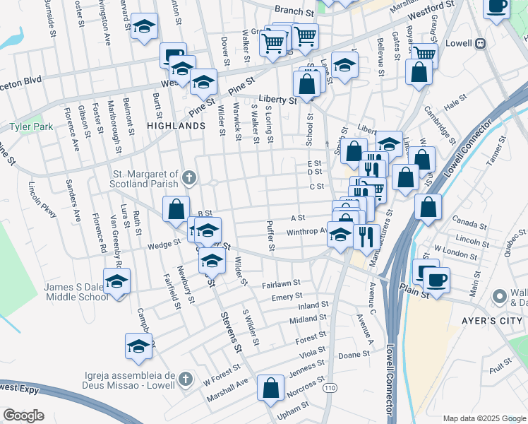 map of restaurants, bars, coffee shops, grocery stores, and more near 53 Puffer Street in Lowell