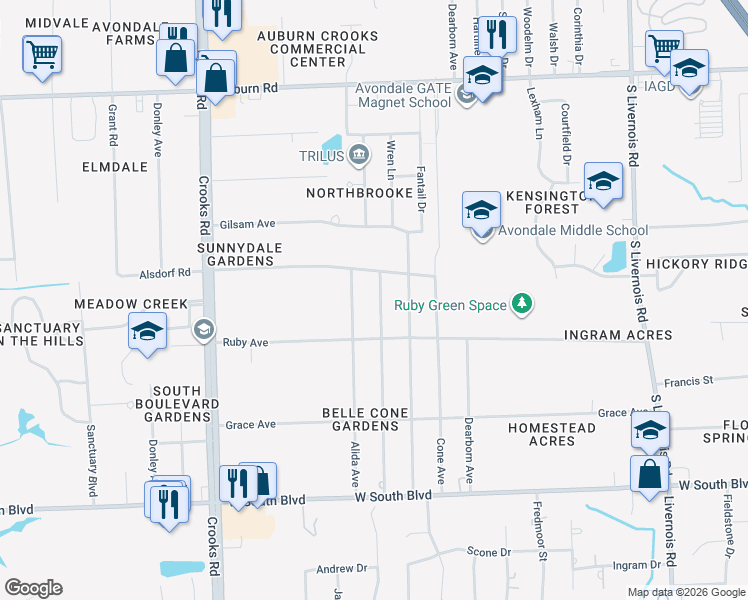 map of restaurants, bars, coffee shops, grocery stores, and more near 3536 Samuel Avenue in Rochester Hills