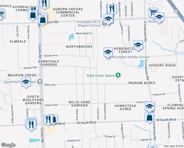 map of restaurants, bars, coffee shops, grocery stores, and more near 3537 Mildred Avenue in Rochester Hills