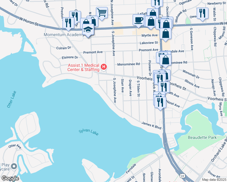 map of restaurants, bars, coffee shops, grocery stores, and more near 224 South Josephine Avenue in Pontiac