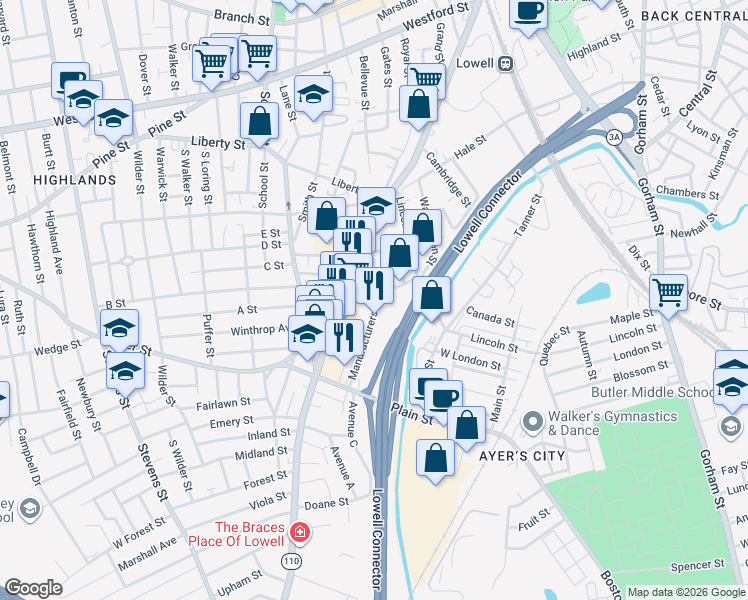 map of restaurants, bars, coffee shops, grocery stores, and more near 4 Manufacturers Street in Lowell