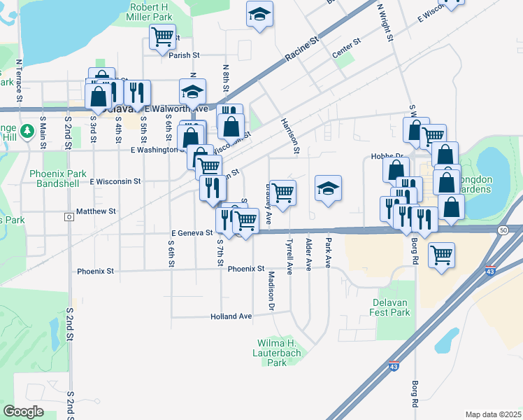 map of restaurants, bars, coffee shops, grocery stores, and more near 360 Bradley Avenue in Delavan
