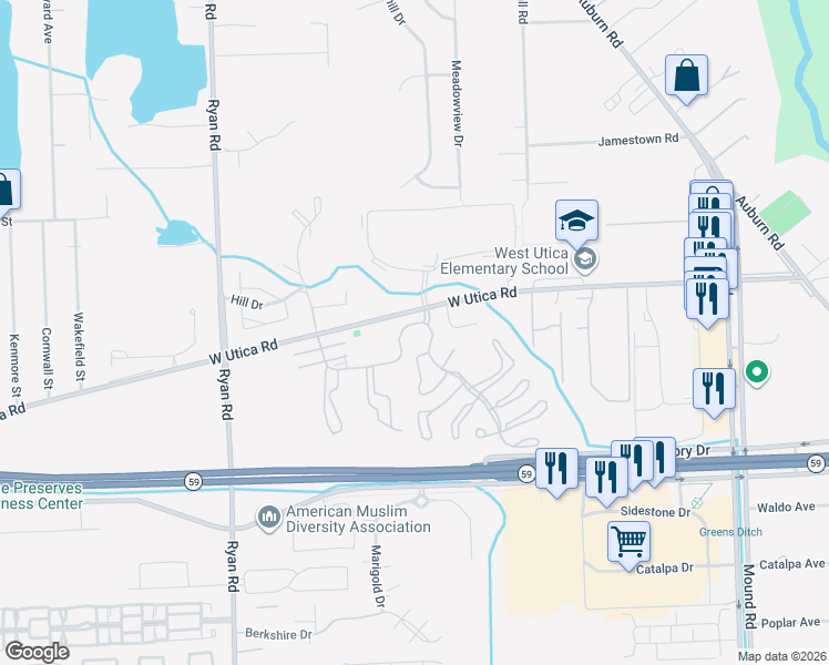 map of restaurants, bars, coffee shops, grocery stores, and more near 45400 Ashwood Court in Macomb County