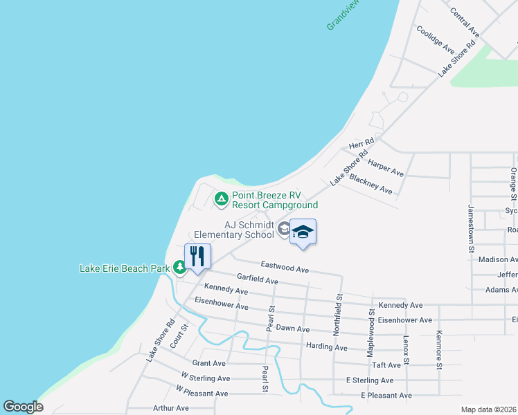 map of restaurants, bars, coffee shops, grocery stores, and more near 9444 Lake Shore Road in Angola