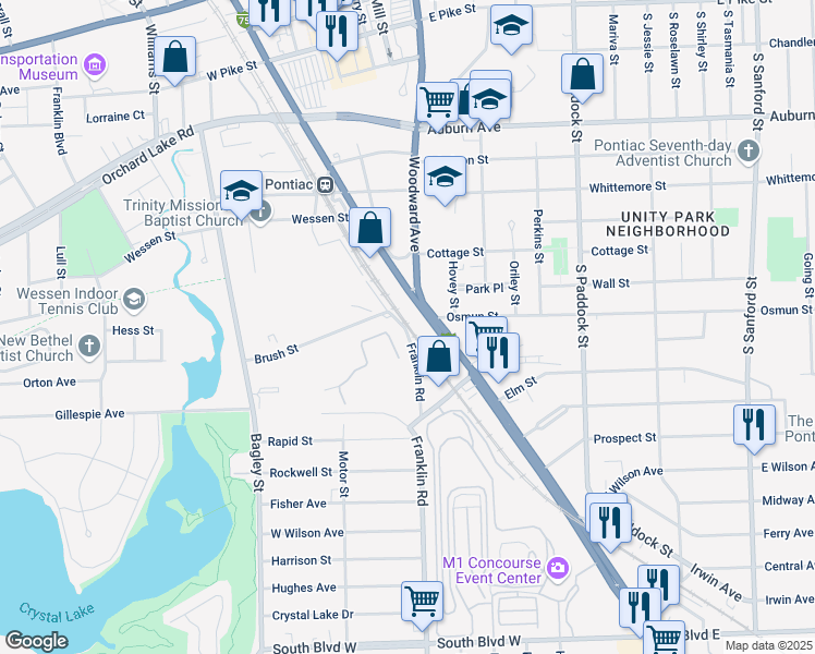 map of restaurants, bars, coffee shops, grocery stores, and more near 103 Franklin Road in Pontiac