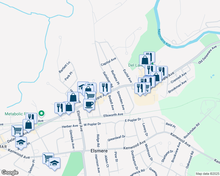 map of restaurants, bars, coffee shops, grocery stores, and more near 213 Delaware Avenue in Delmar