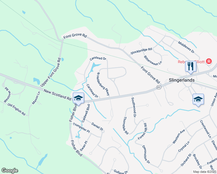 map of restaurants, bars, coffee shops, grocery stores, and more near 6 Mayfair Drive in Slingerlands