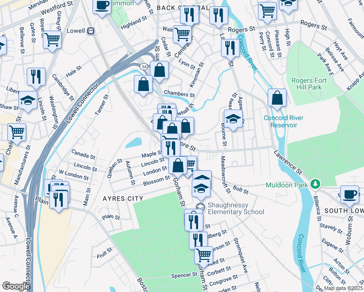 map of restaurants, bars, coffee shops, grocery stores, and more near 39 Moore Street in Lowell