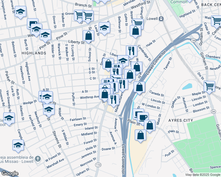 map of restaurants, bars, coffee shops, grocery stores, and more near 425 Chelmsford Street in Lowell