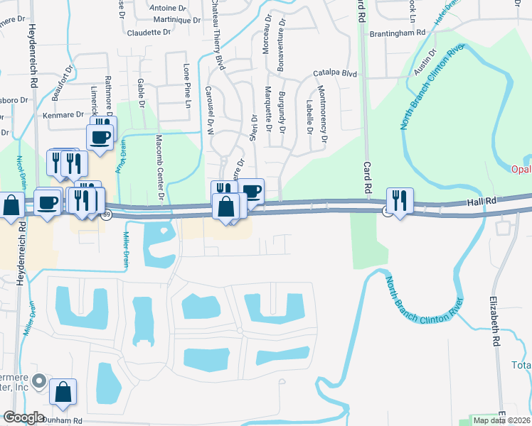 map of restaurants, bars, coffee shops, grocery stores, and more near 21452 Hall Road in Macomb