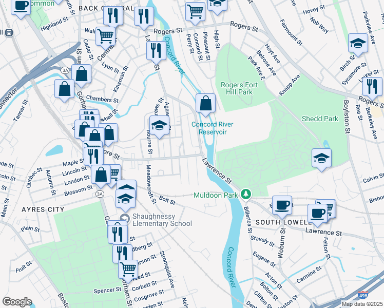 map of restaurants, bars, coffee shops, grocery stores, and more near 240 Moore Street in Lowell