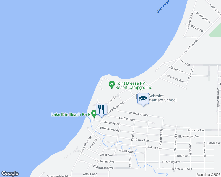 map of restaurants, bars, coffee shops, grocery stores, and more near 9456 Lake Shore Road in Angola