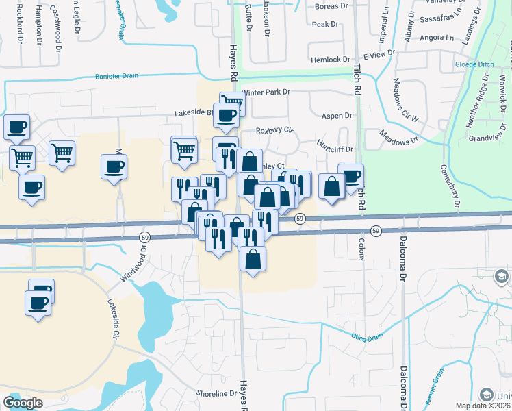 map of restaurants, bars, coffee shops, grocery stores, and more near 15275 Hall Road in Macomb