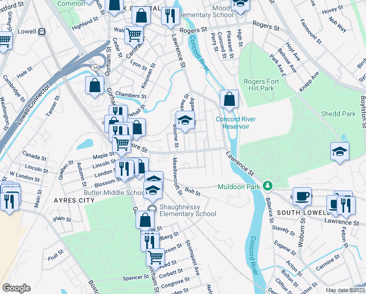 map of restaurants, bars, coffee shops, grocery stores, and more near 139 Andrews Street in Lowell