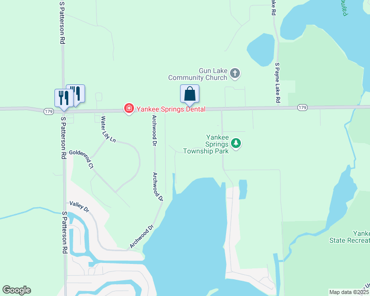 map of restaurants, bars, coffee shops, grocery stores, and more near 12404 Bayview Drive in Wayland