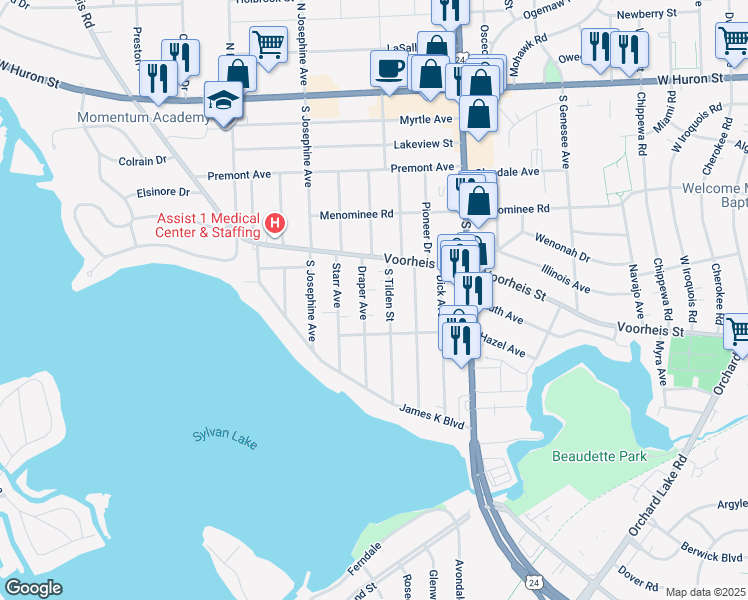 map of restaurants, bars, coffee shops, grocery stores, and more near 225 Draper Ave in Pontiac